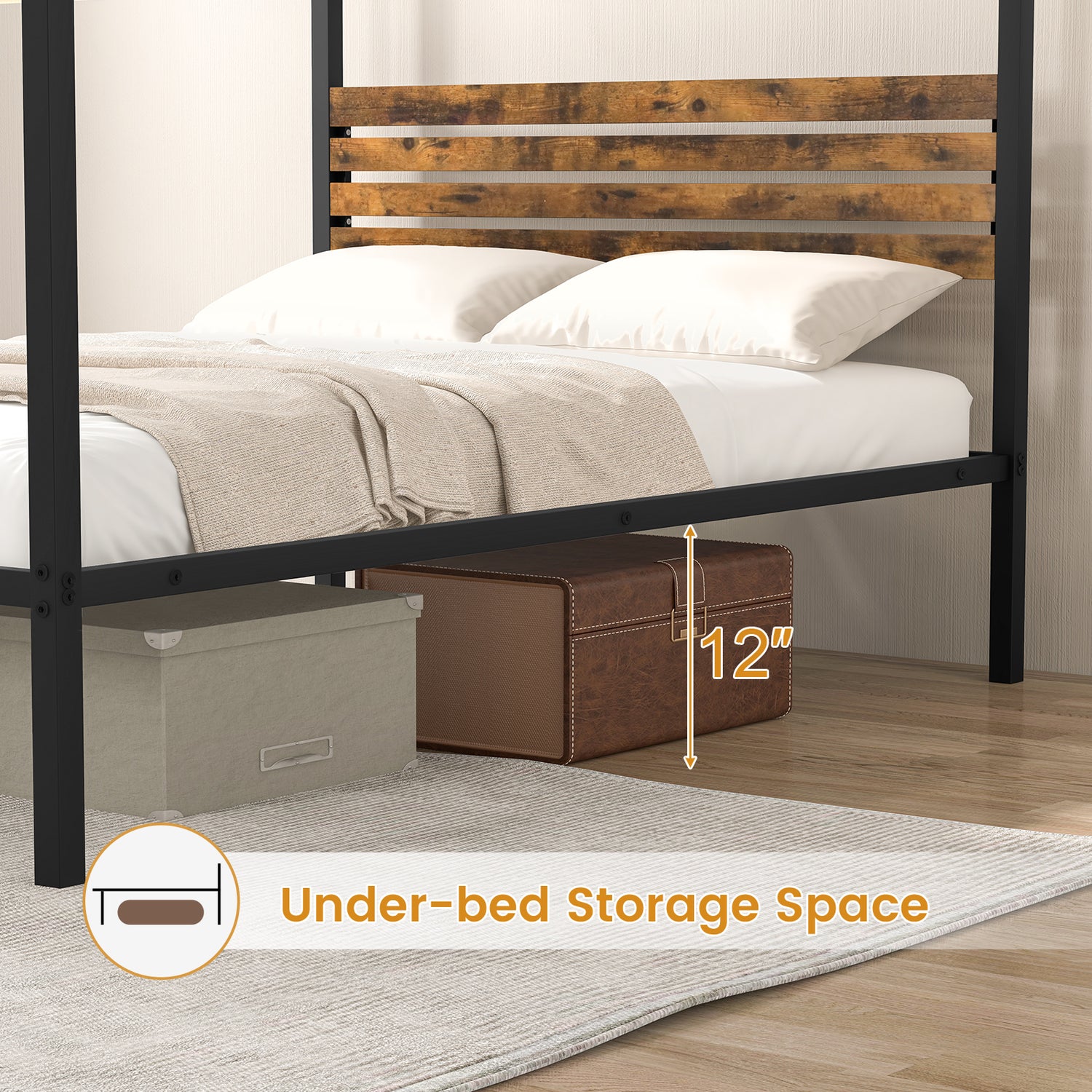 Queen Size Canopy Bed Frame with Under Bed Storage