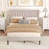 Queen Size Dutch Velvet/Linen Fabric Upholstered Platform Bed with Wingback Headboard and Wooden Slat Support