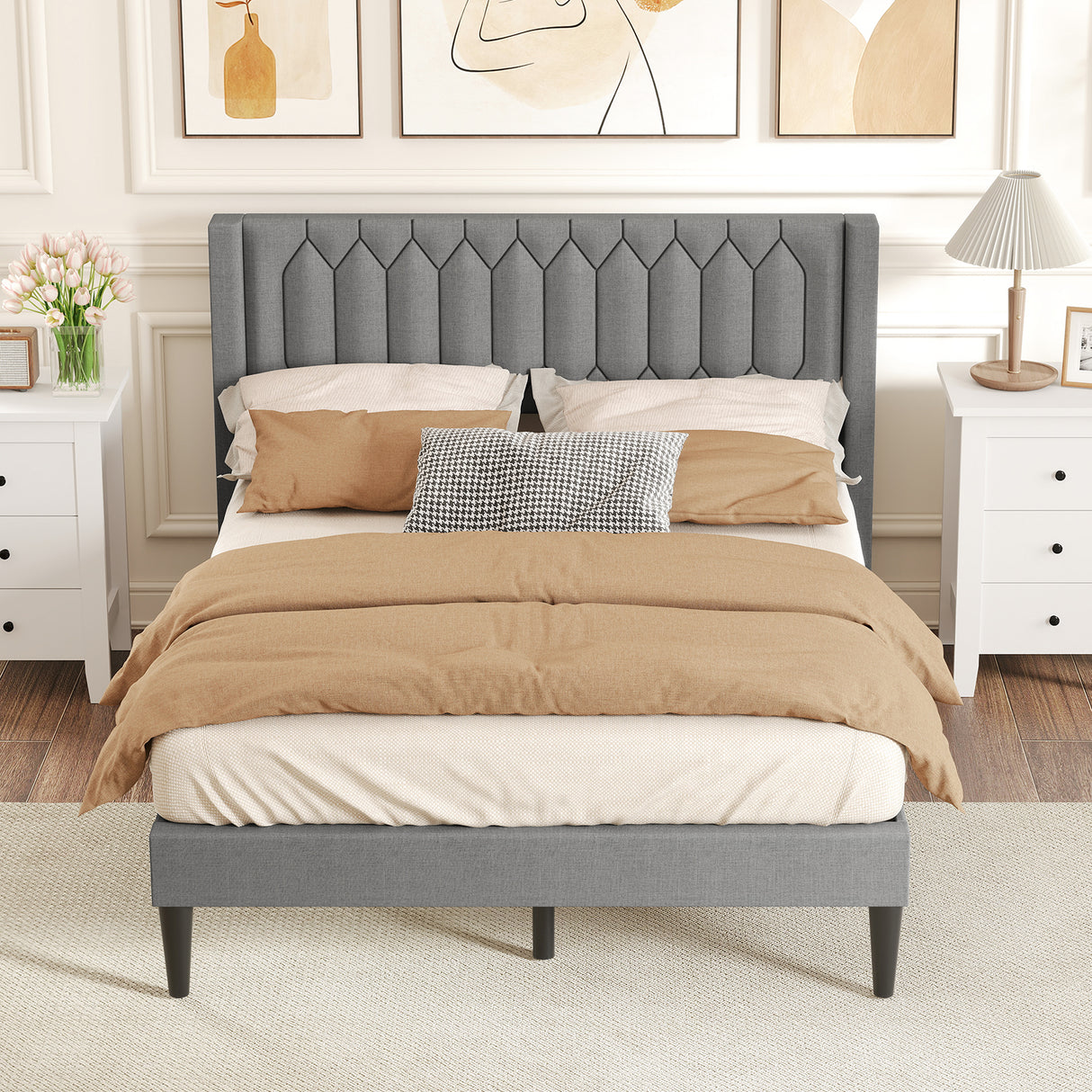 Queen Size Dutch Velvet/Linen Fabric Upholstered Platform Bed with Wingback Headboard and Wooden Slat Support