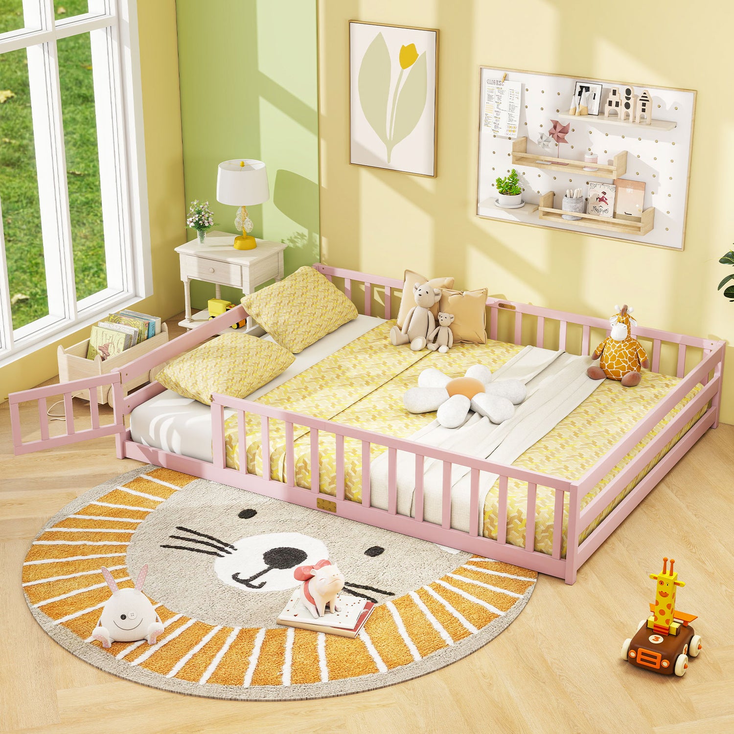 Queen Size Floor Bed Kids Montessori Bed Frame with Full Length Safety Guardrails