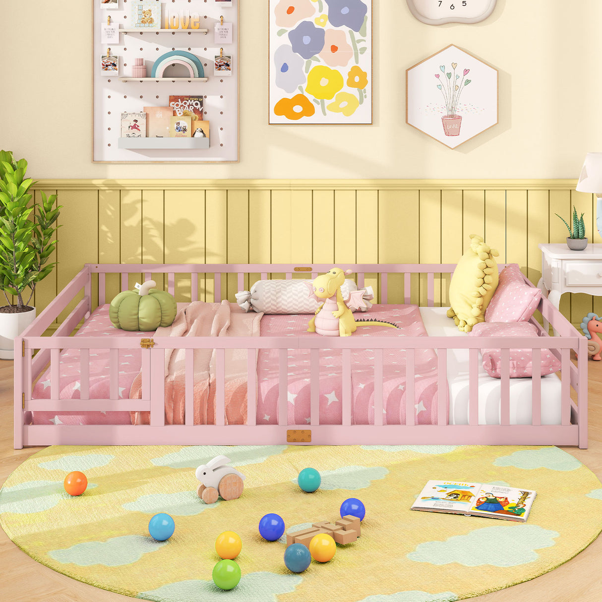 Queen Size Floor Bed Kids Montessori Bed Frame with Full Length Safety Guardrails