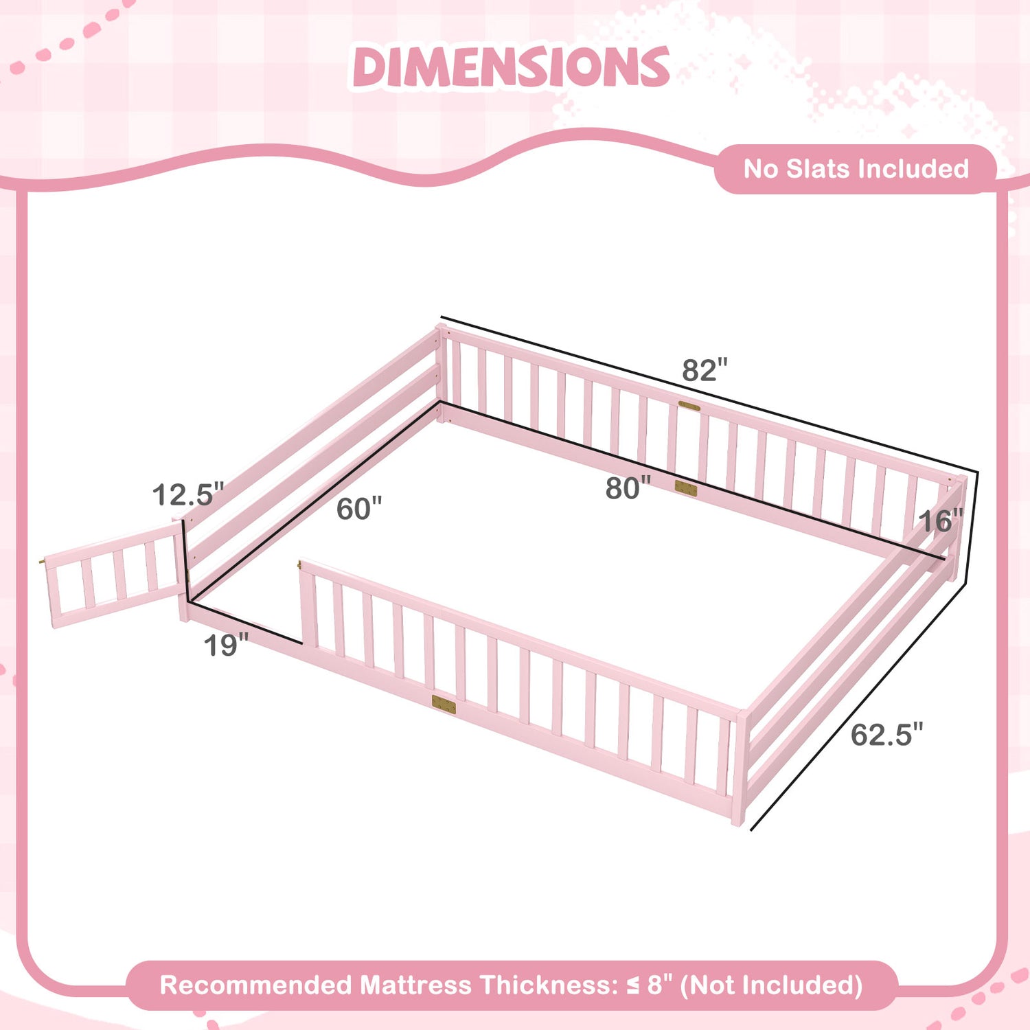 Queen Size Floor Bed Kids Montessori Bed Frame with Full Length Safety Guardrails