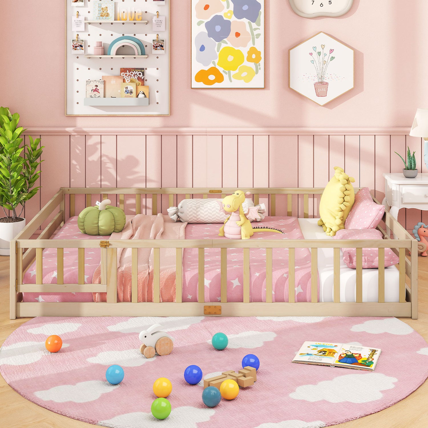 Queen Size Floor Bed Kids Montessori Bed Frame with Full Length Safety Guardrails