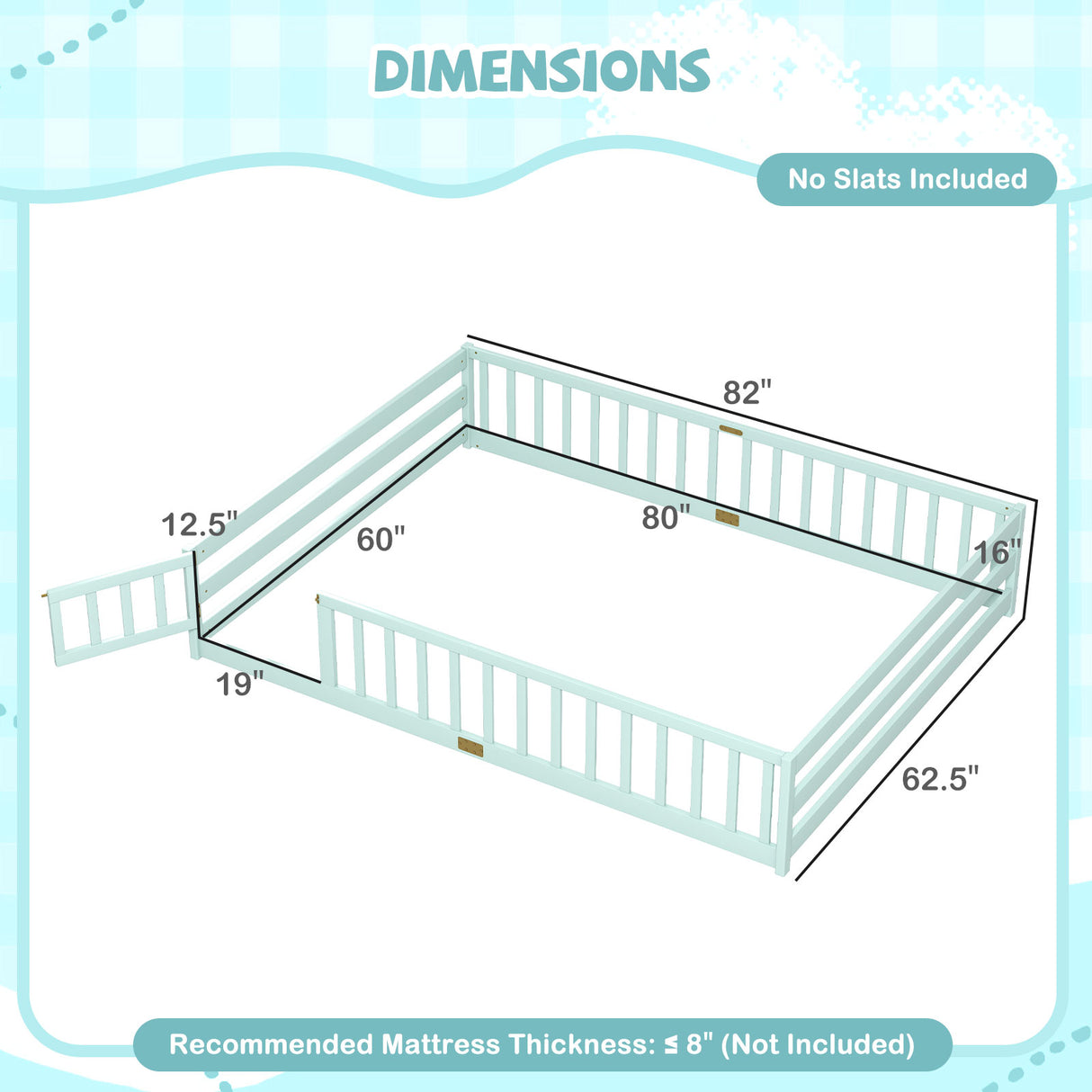 Queen Size Floor Bed Kids Montessori Bed Frame with Full Length Safety Guardrails