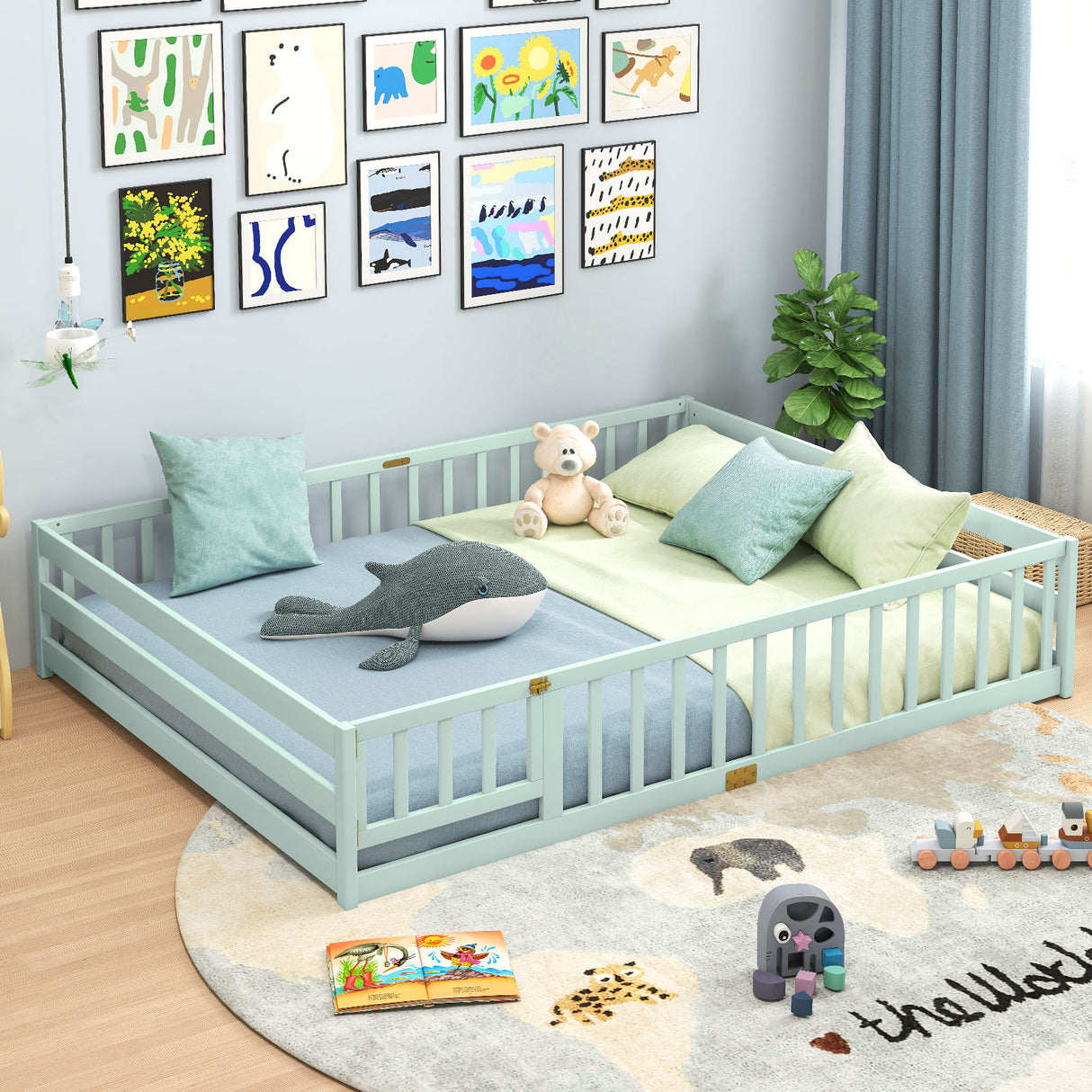 Queen Size Floor Bed Kids Montessori Bed Frame with Full Length Safety Guardrails