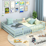 Queen Size Floor Bed Kids Montessori Bed Frame with Full Length Safety Guardrails