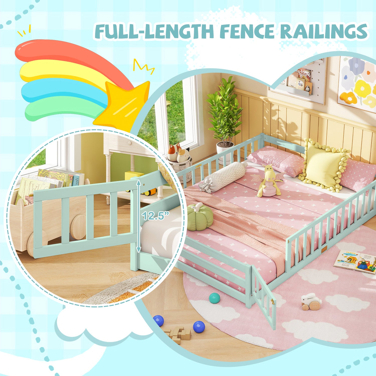 Queen Size Floor Bed Kids Montessori Bed Frame with Full Length Safety Guardrails