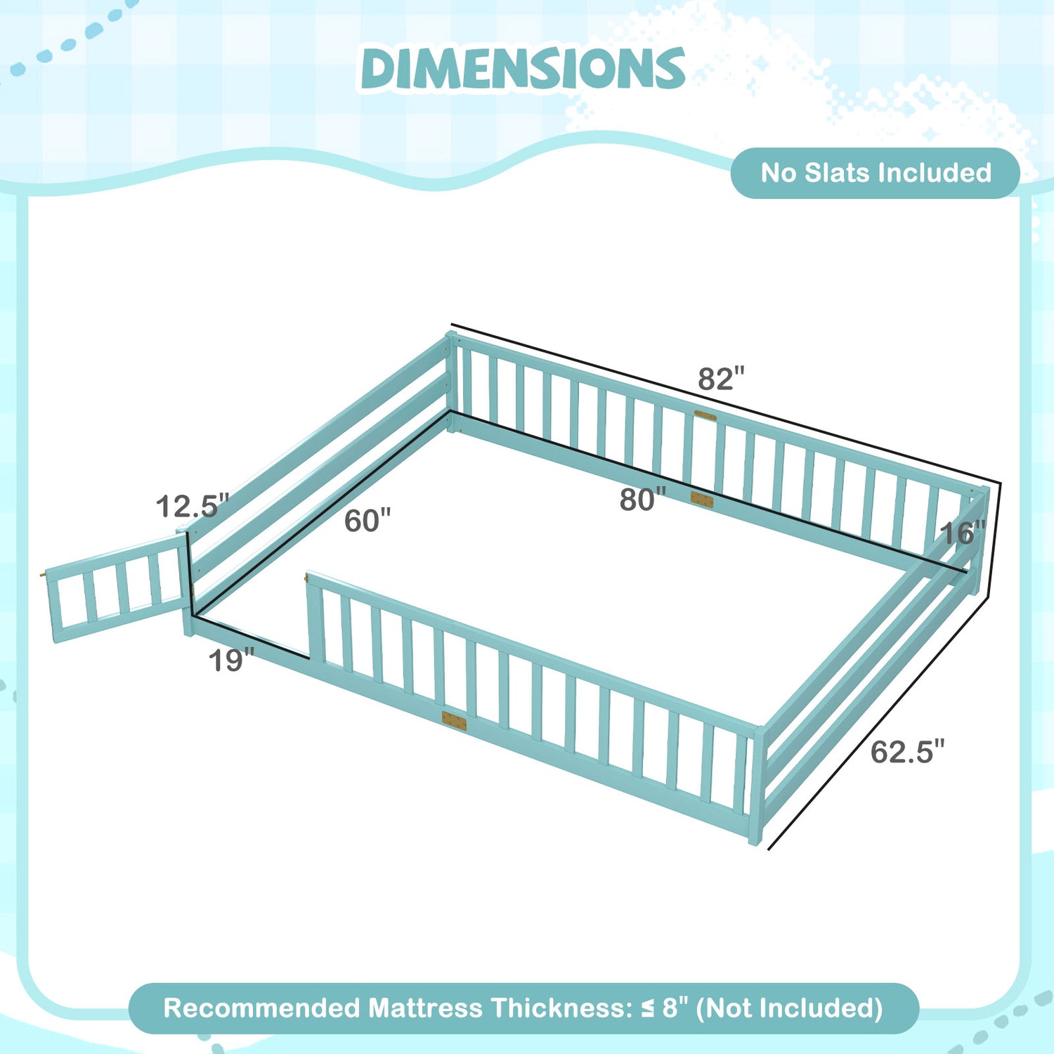 Queen Size Floor Bed Kids Montessori Bed Frame with Full Length Safety Guardrails