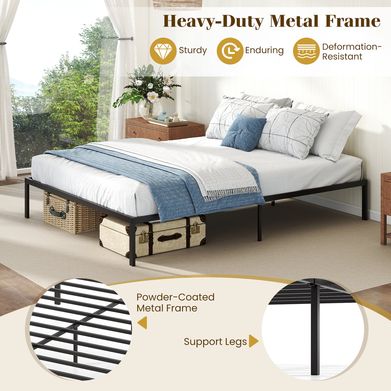 Full/Queen/King Size Metal Bed Frame Heavy Duty Support Slats Mattress Foundation