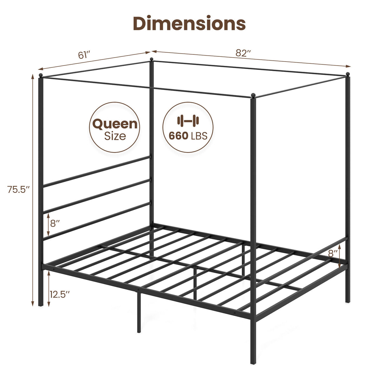 Twin/Full/Queen Size Metal Canopy Bed Frame with Slat Support