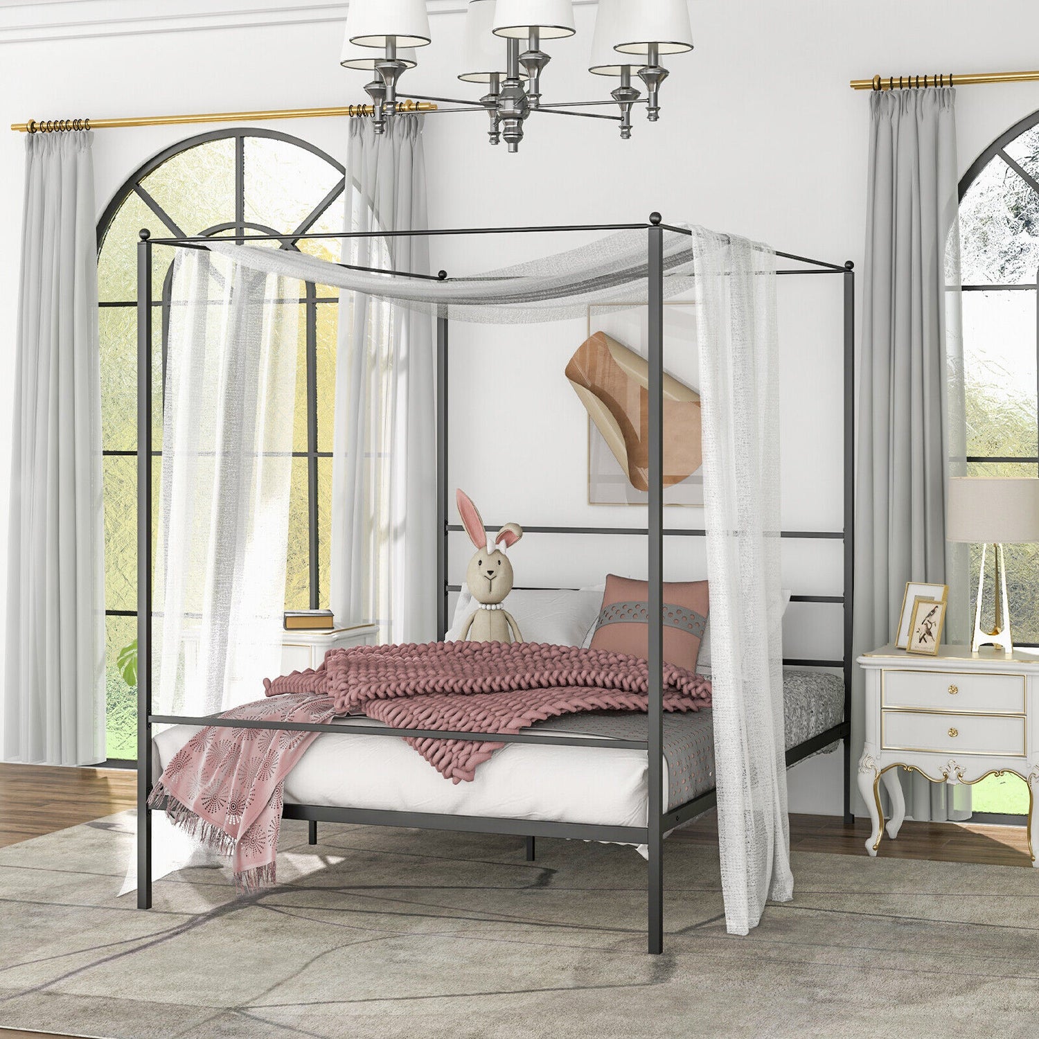 Twin/Full/Queen Size Metal Canopy Bed Frame with Slat Support