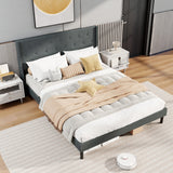Queen Size Upholstered Bed Frame with Button Tufted Wingback Headboard and Wooden Slats Support Mattress Foundation-Gray