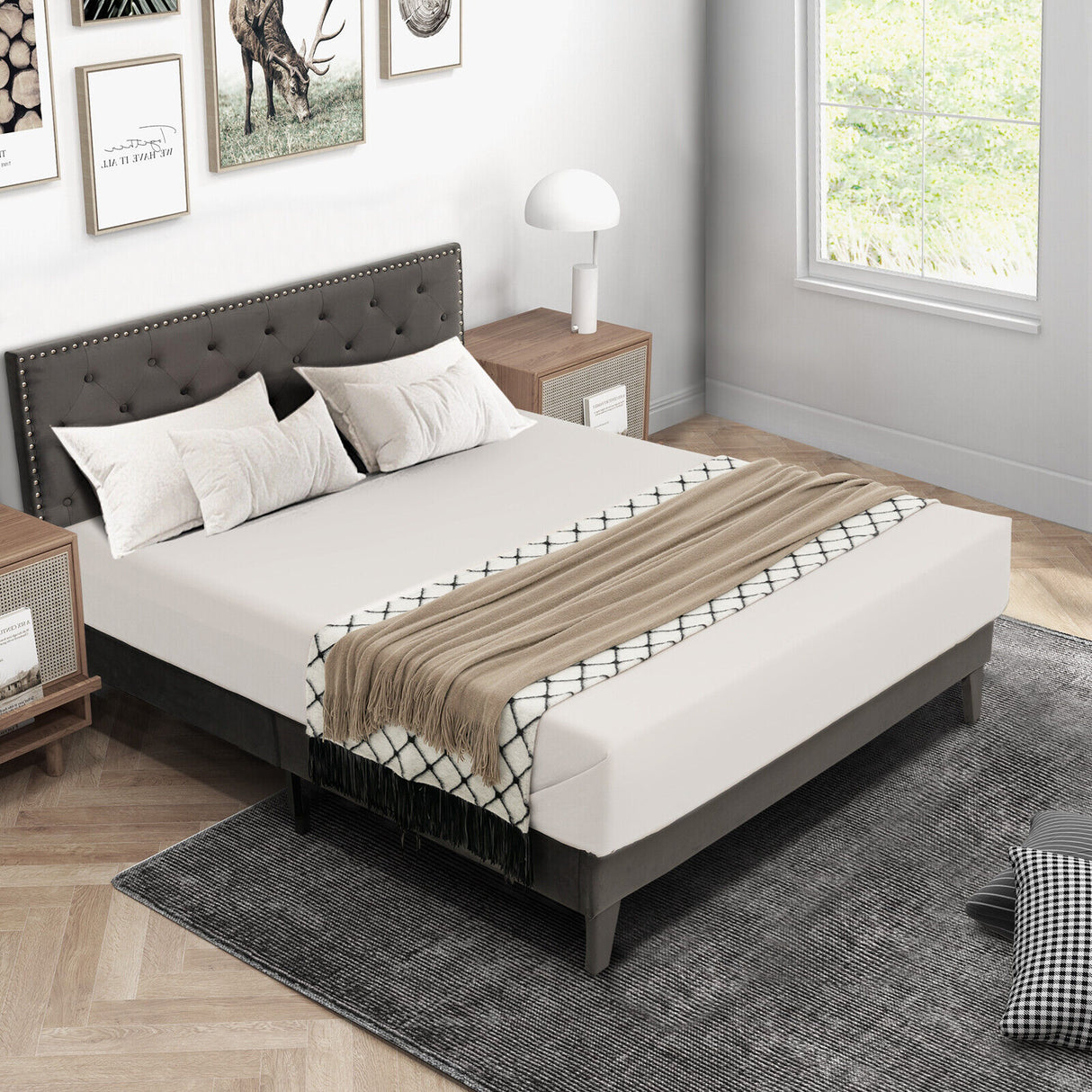 Full/Queen Size Upholstered Platform Bed with Tufted Headboard