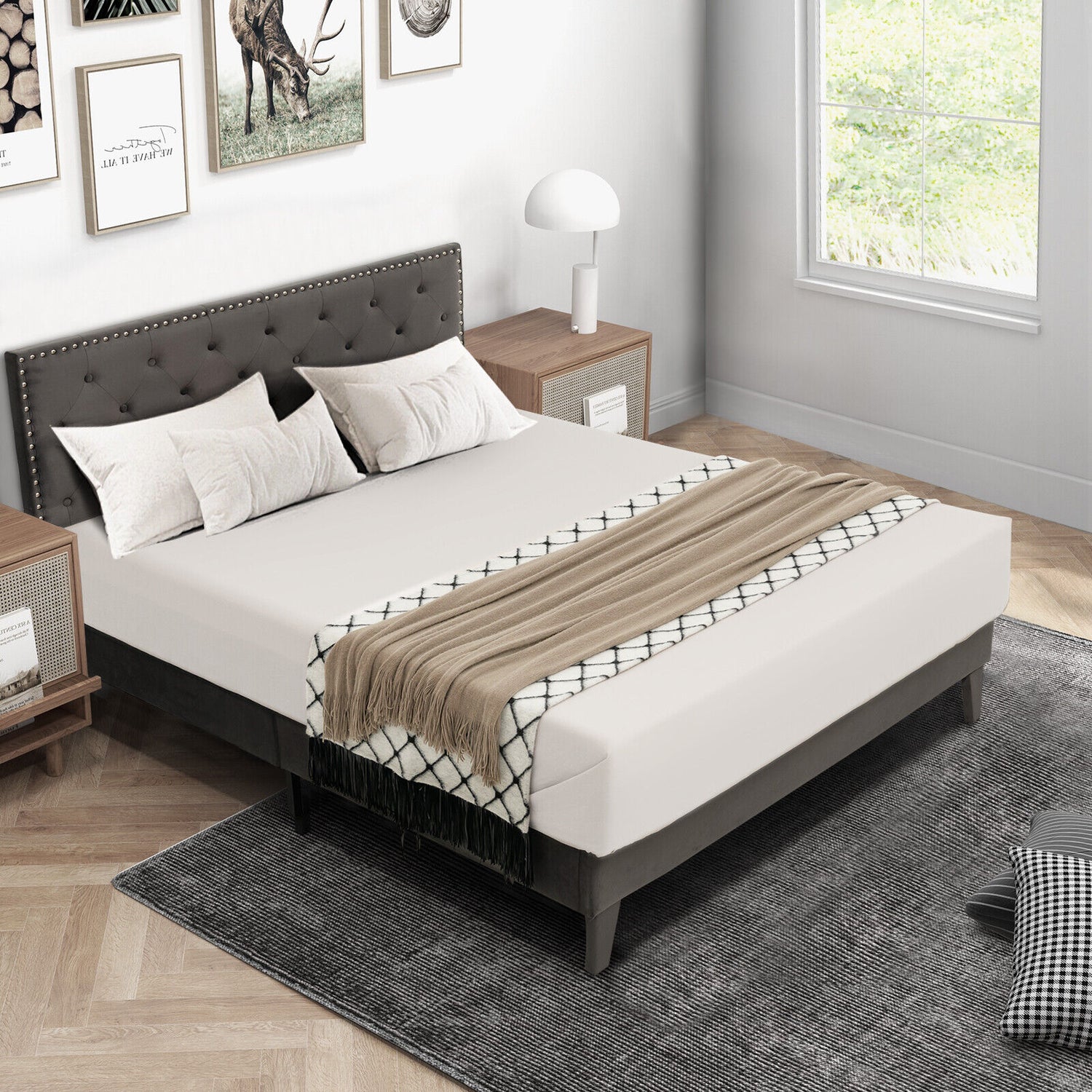 Full/Queen Size Upholstered Platform Bed with Tufted Headboard