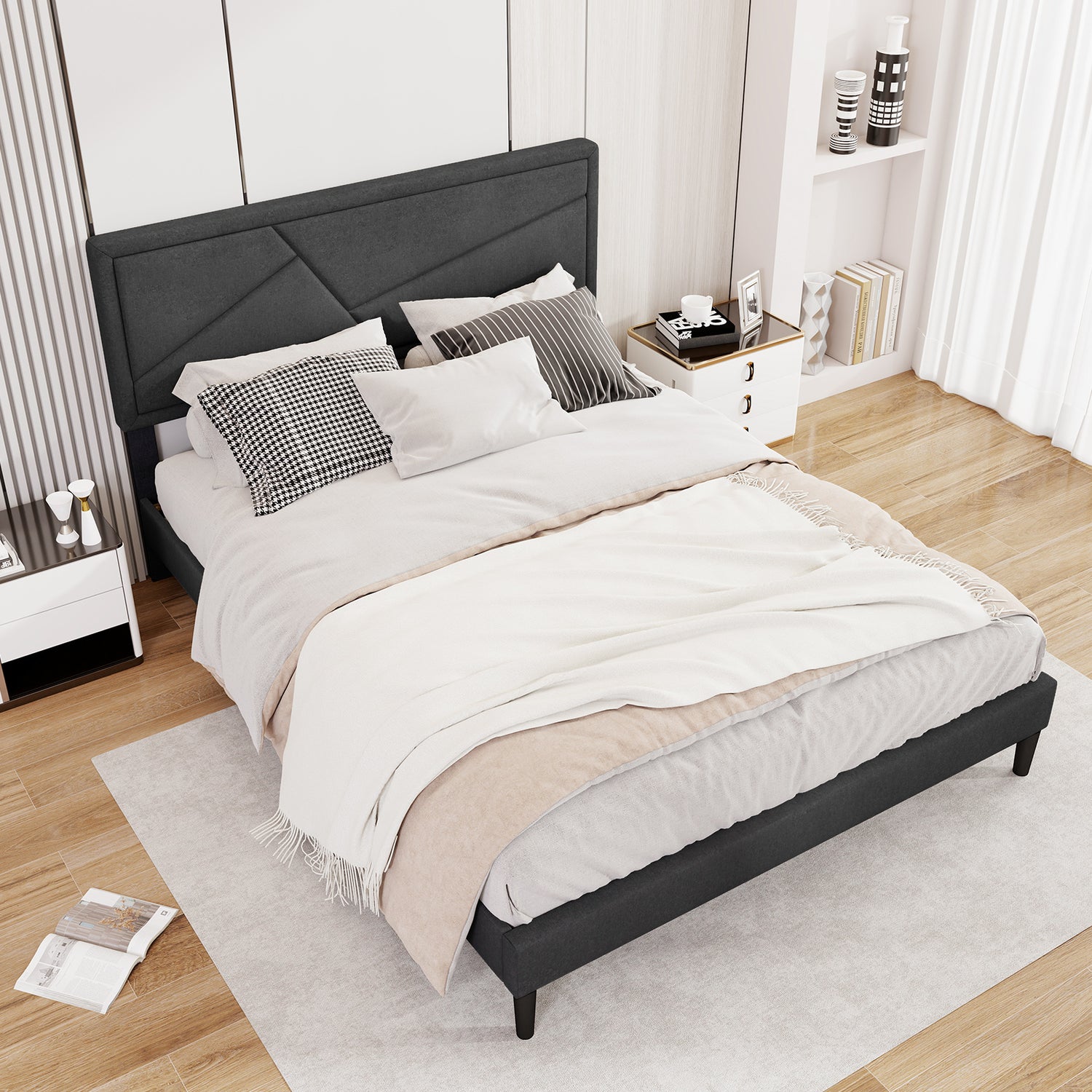 Twin/Full/Queen Size Upholstered Platform Bed Frame with High Headboard