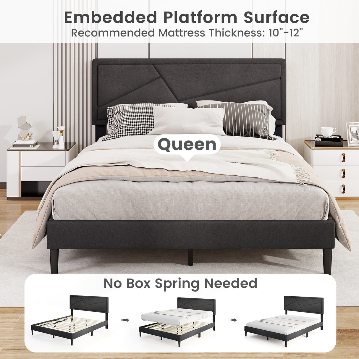 Twin/Full/Queen Size Upholstered Platform Bed Frame with High Headboard