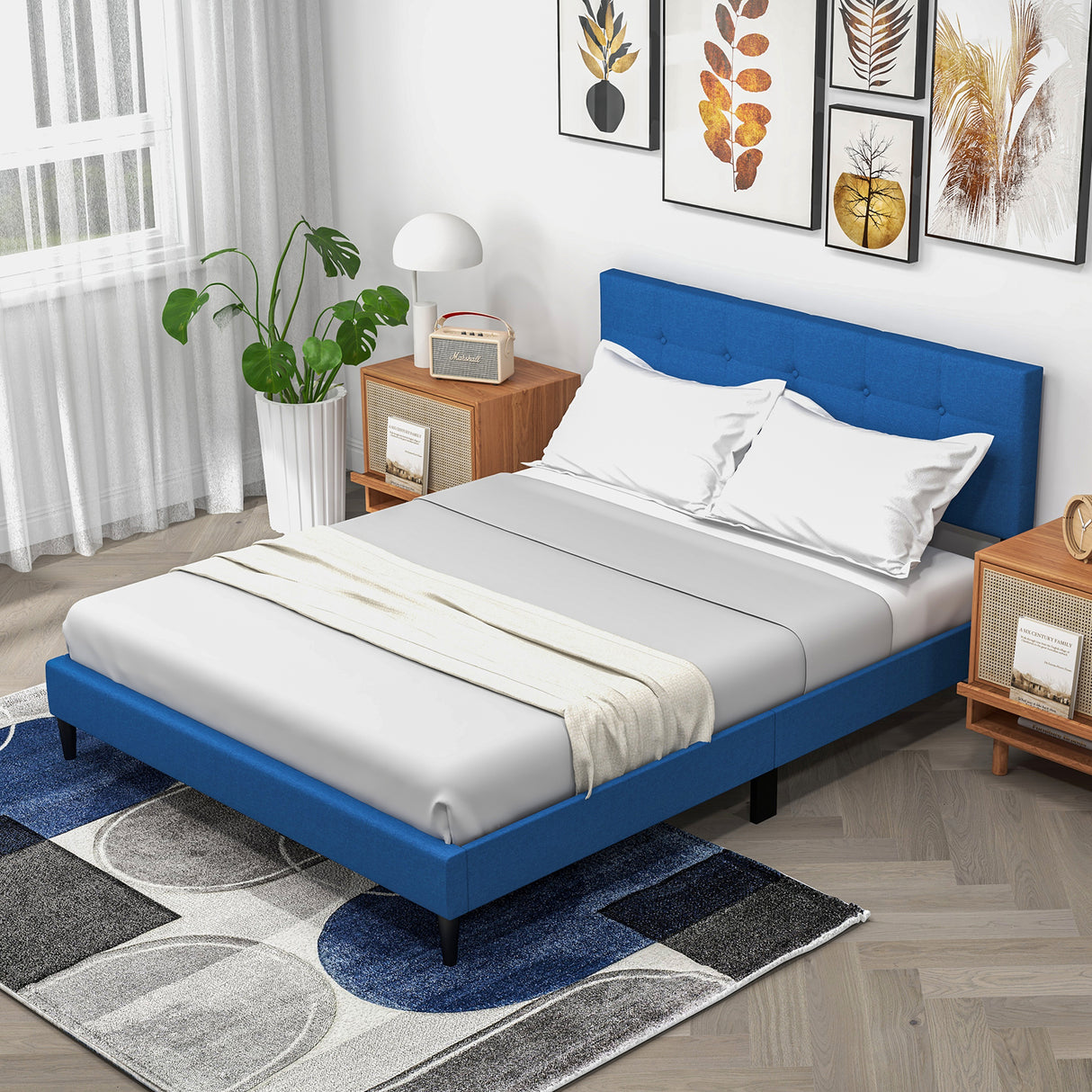 Queen Size Upholstered Platform Bed with Button Tufted Headboard