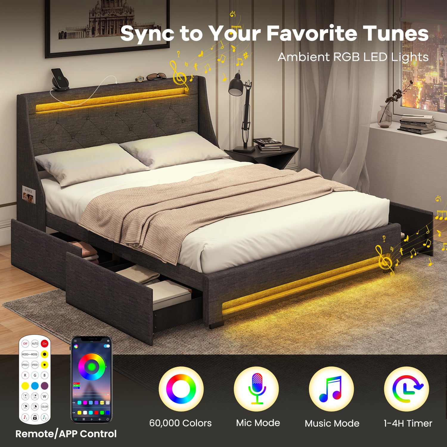 Queen Size Upholstered Platform Bed Frame with LED Lights and Charging Station-Grey