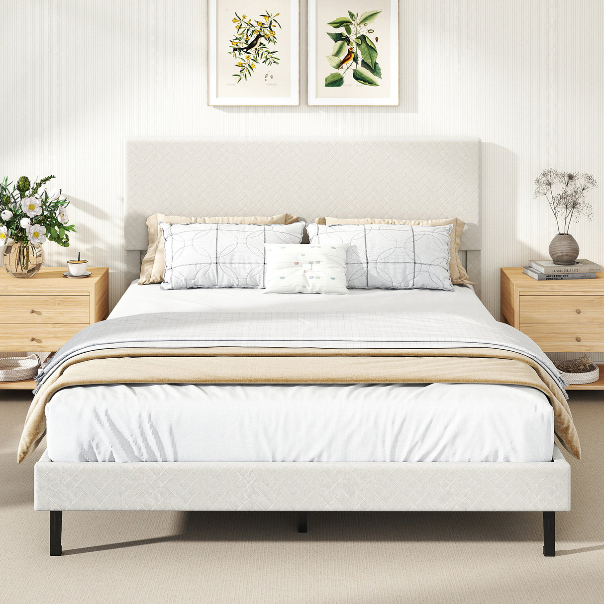 Twin/Full/Queen Size Velvet Bed Frame Upholstered Platform Bed with Chevron Headboard Beige