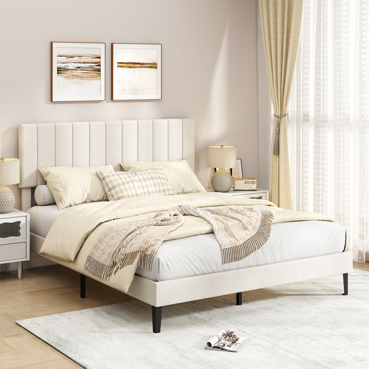 Queen Size Velvet Upholstered Platform Bed Frame