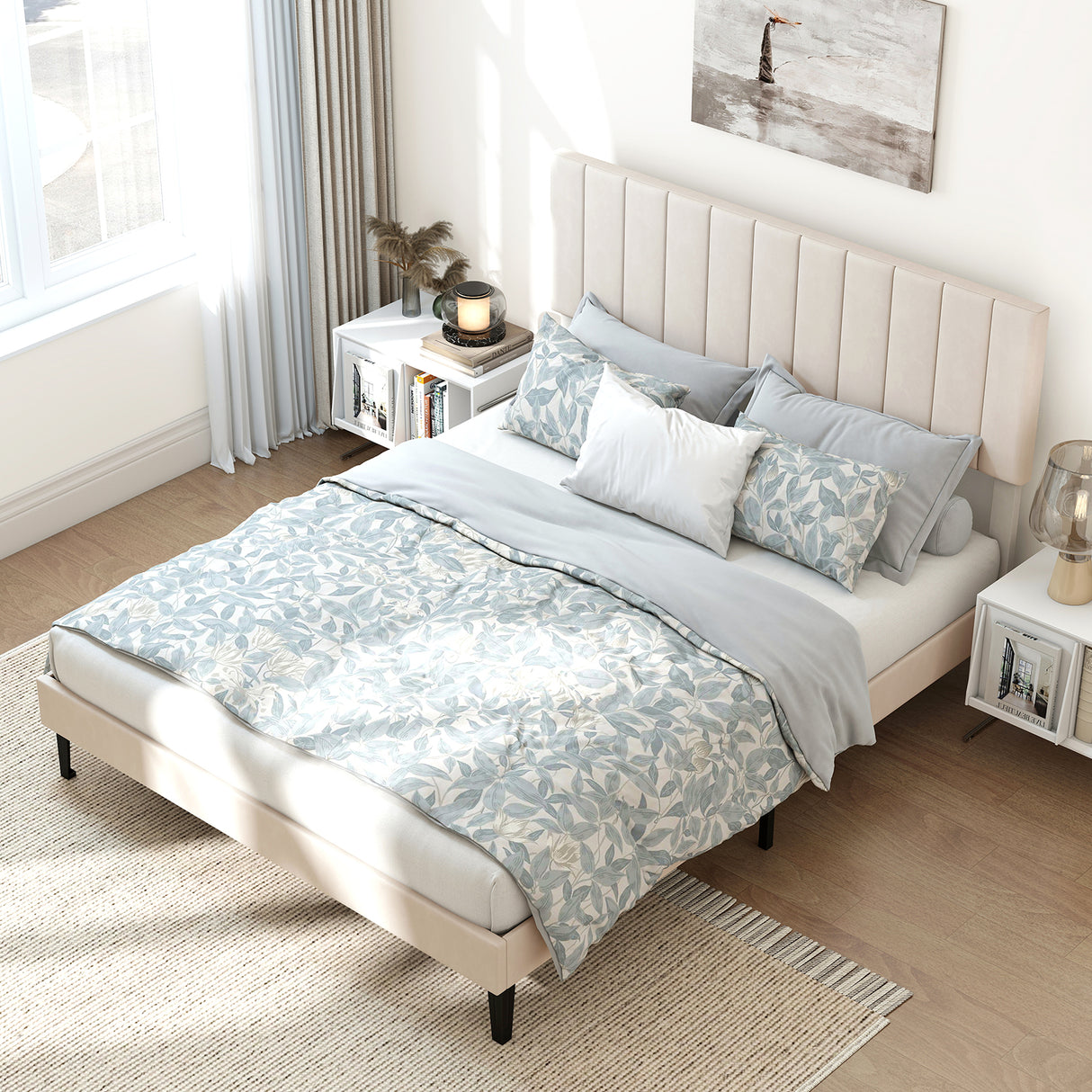 Queen Size Velvet Upholstered Platform Bed Frame