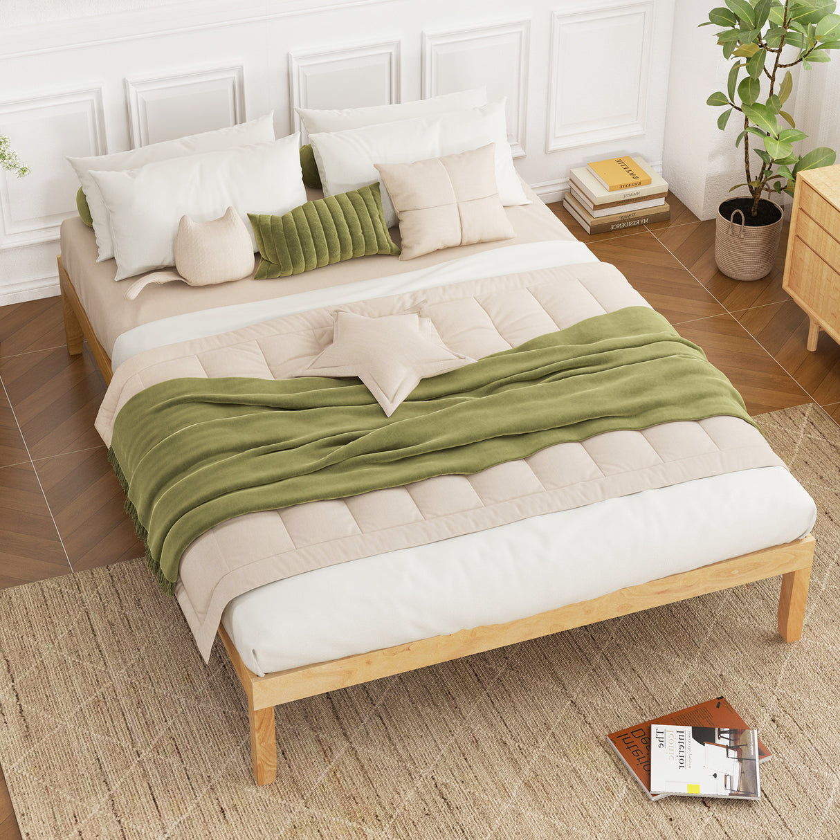 Queen Size Wood Bed Frame with Wooden Slats Support and Rubber Wood Legs