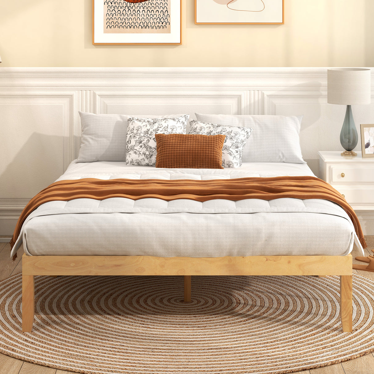 Queen Size Wood Bed Frame with Wooden Slats Support and Rubber Wood Legs