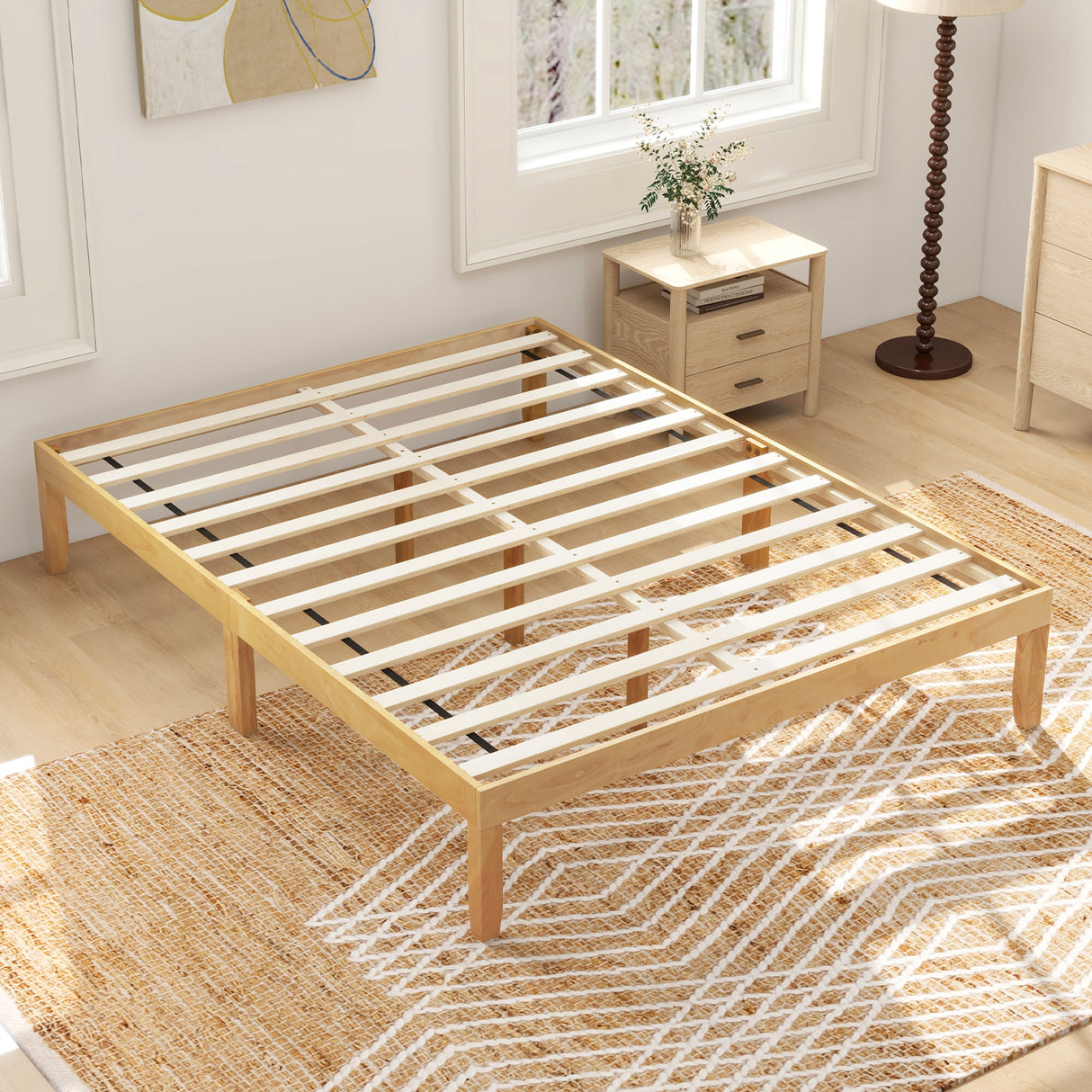 Queen Size Wood Bed Frame with Wooden Slats Support and Rubber Wood Legs