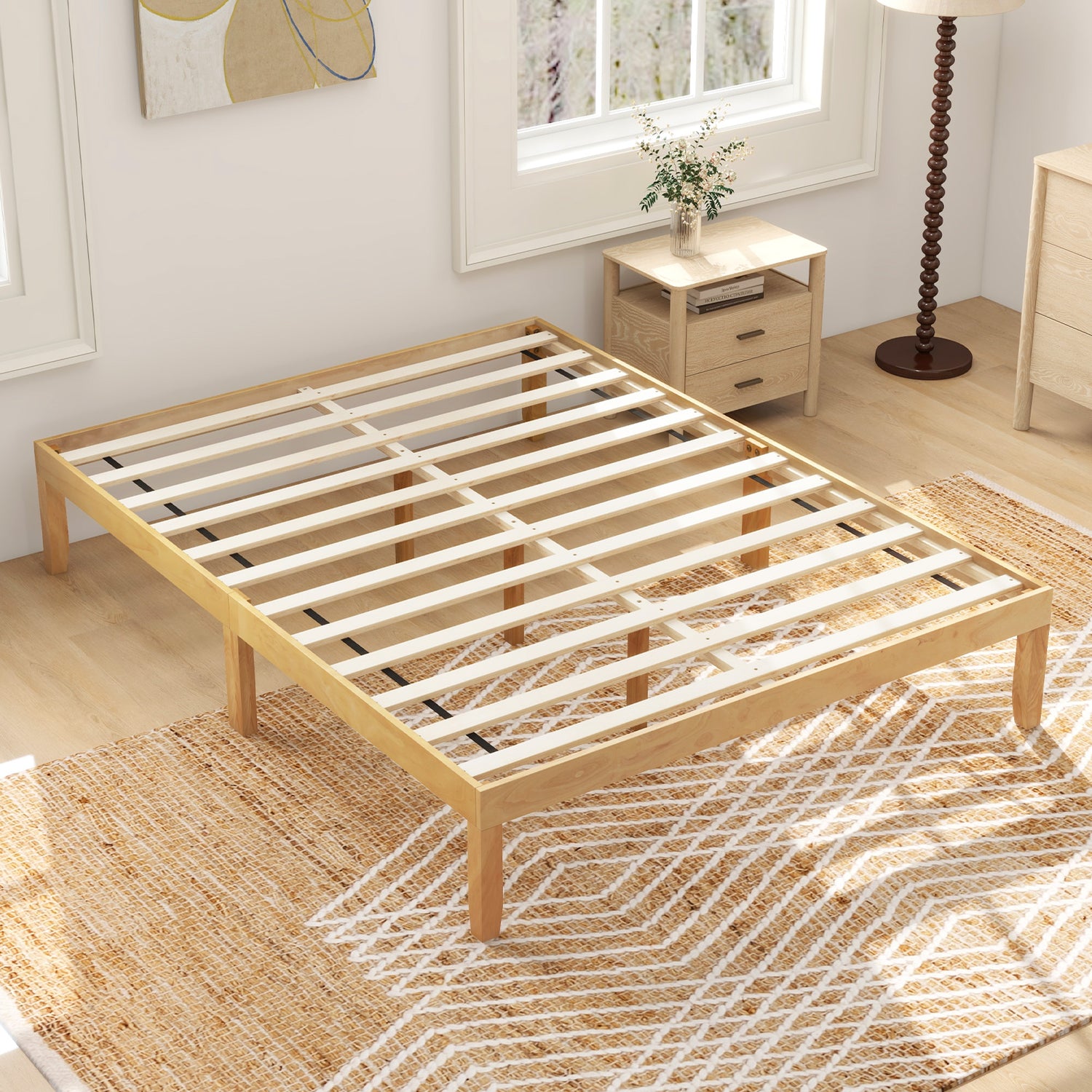 Queen Size Wood Bed Frame with Wooden Slats Support and Rubber Wood Legs