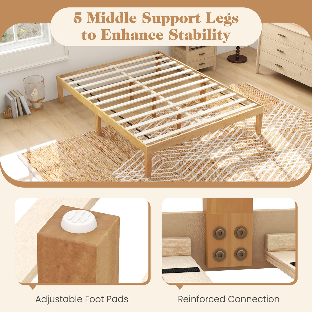 Queen Size Wood Bed Frame with Wooden Slats Support and Rubber Wood Legs