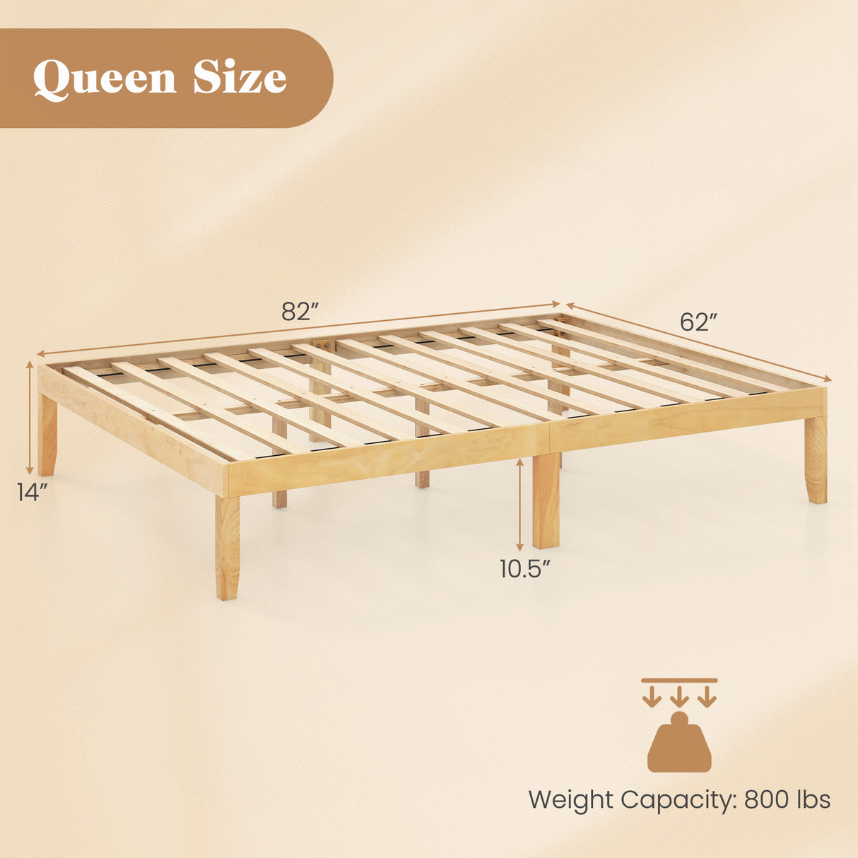 Queen Size Wood Bed Frame with Wooden Slats Support and Rubber Wood Legs