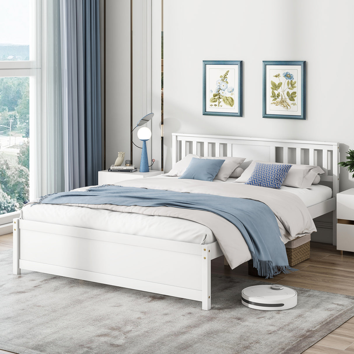 Wooden Platform Bed with Headboard and Wood Slat Support White