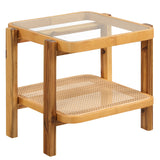 Rattan 2-Tier End Side Table with Tempered Glass Top Acacia Wood Legs-Brown
