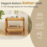 Rattan 2-Tier End Side Table with Tempered Glass Top Acacia Wood Legs-Brown