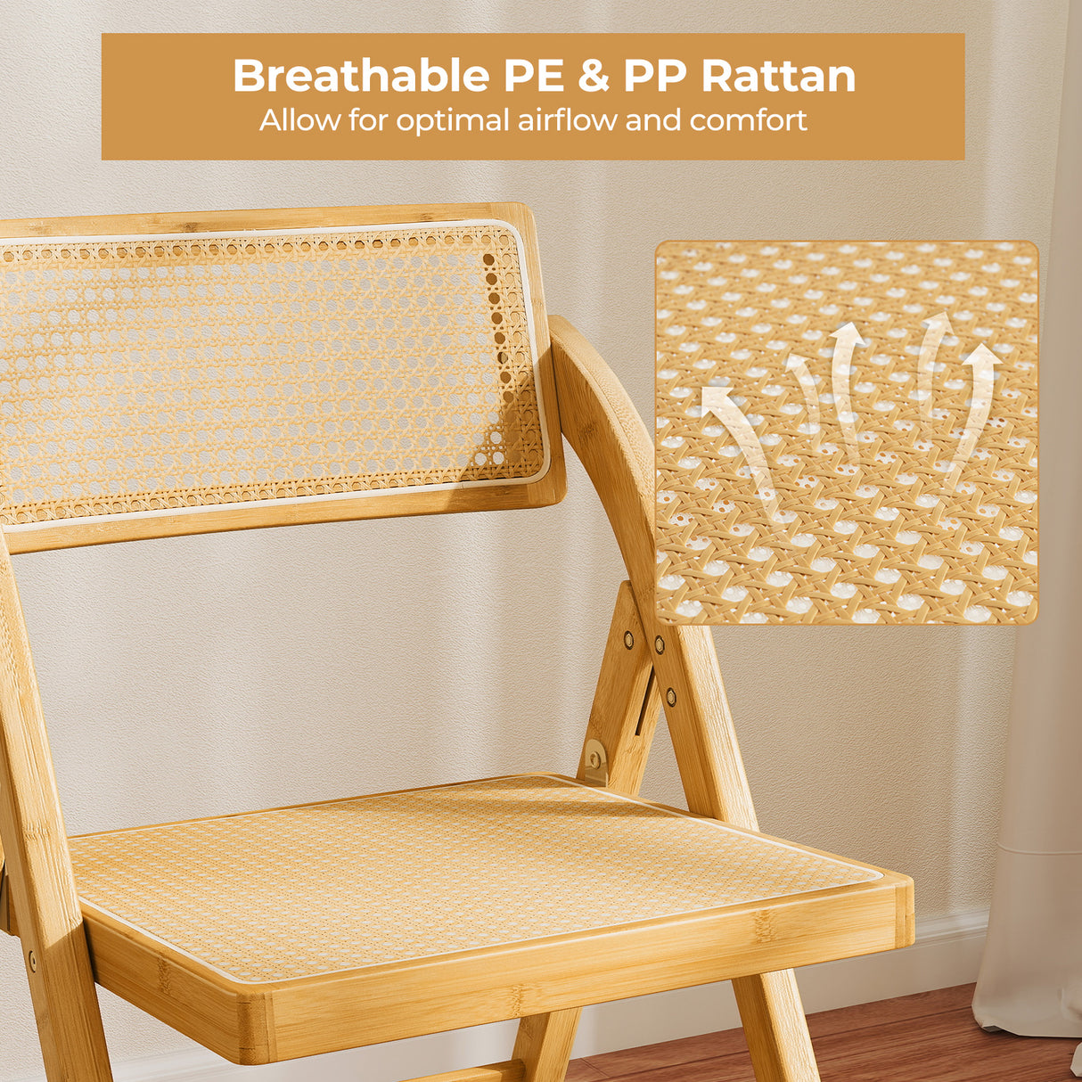 Rattan Cane Folding Dining Chairs Set of 2 with Rotatable Backrests-Natural