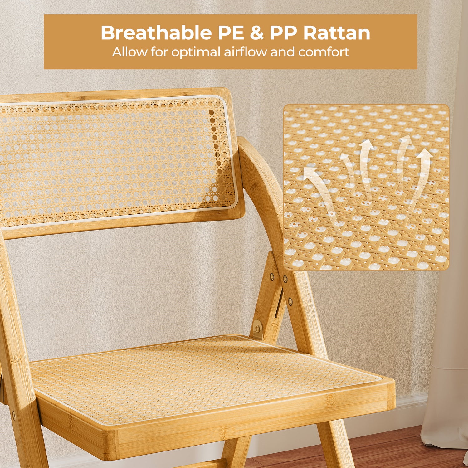 Rattan Cane Folding Dining Chairs Set of 2 with Rotatable Backrests-Natural