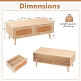 Rattan Coffee Table Mid Century Modern Center Table with 2 Storage Drawers-Natural