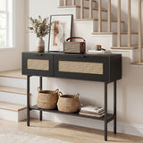 Rattan Console Table with 2 Storage Cabinets Shelf Carbon Steel Frame