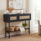 Rattan Console Table with 2 Storage Cabinets Shelf Carbon Steel Frame