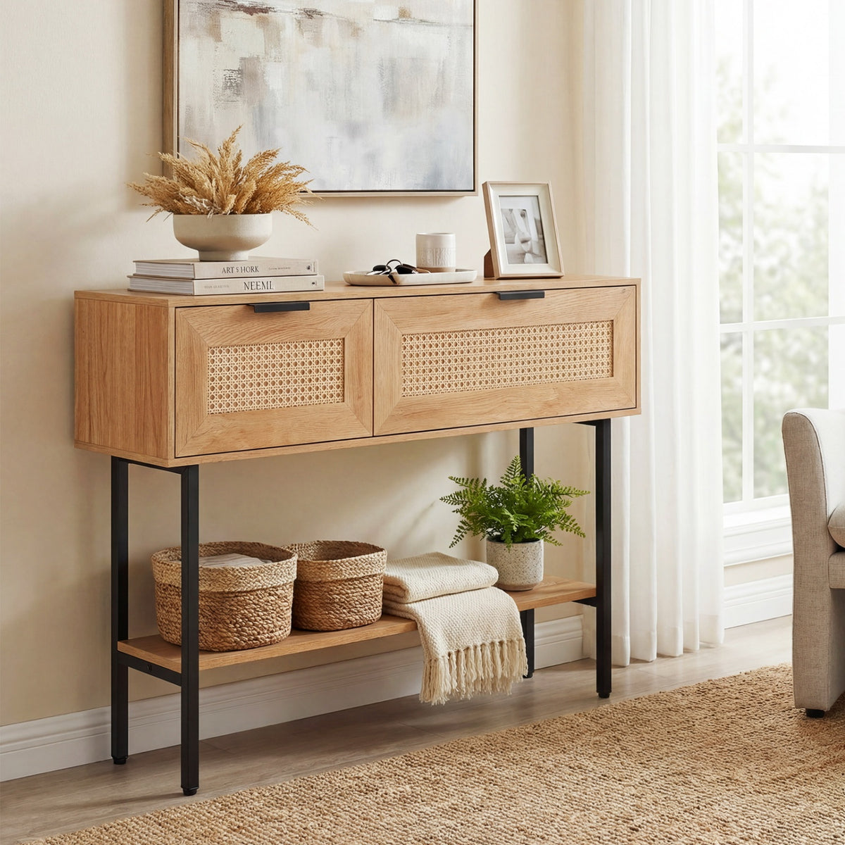 Rattan Console Table with 2 Storage Cabinets Shelf Carbon Steel Frame