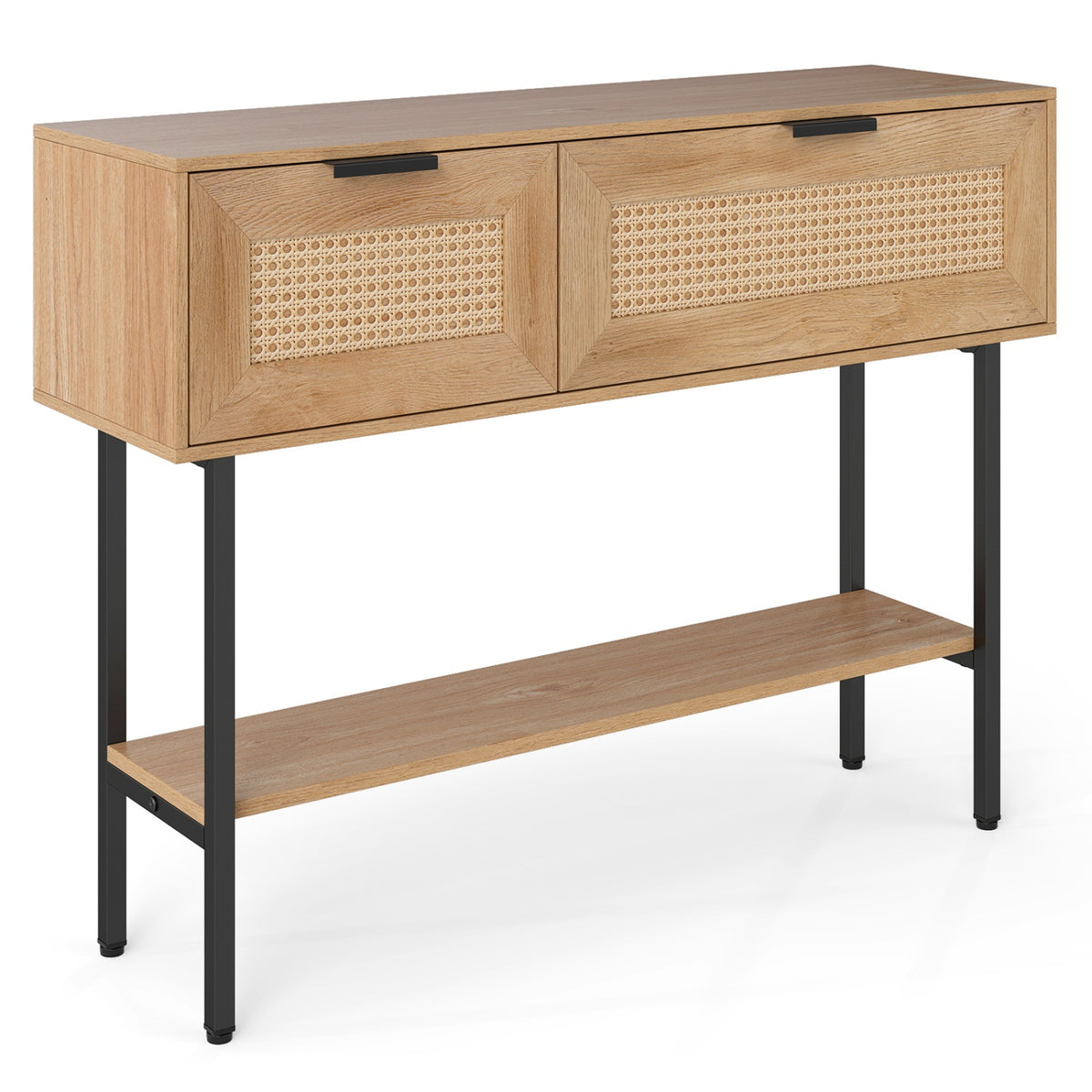 Rattan Console Table with 2 Storage Cabinets Shelf Carbon Steel Frame