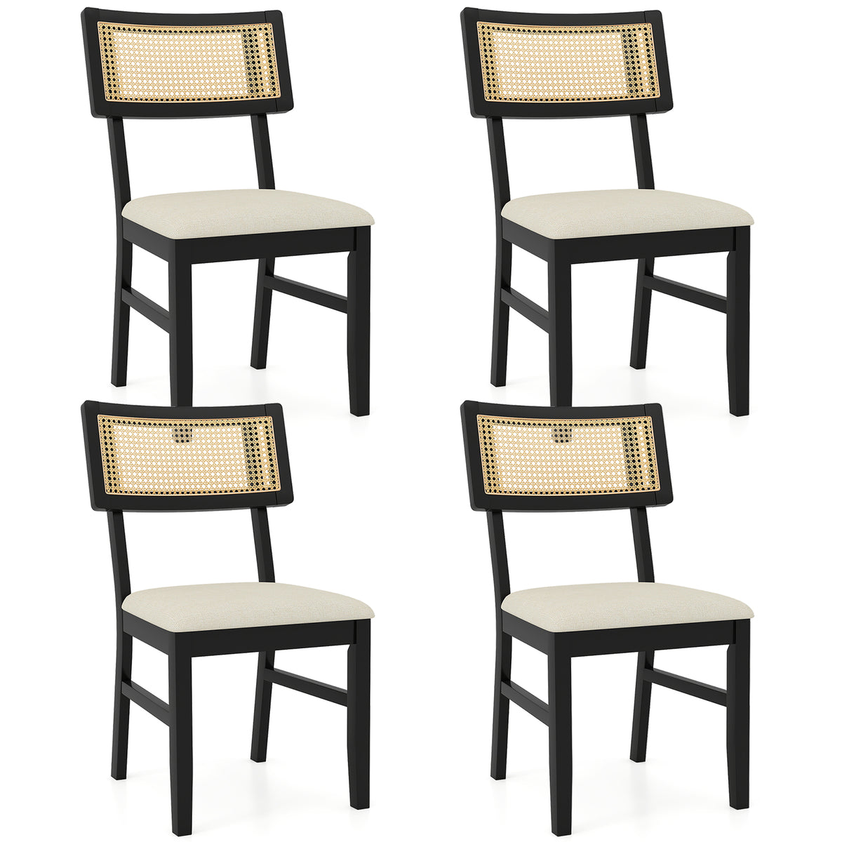 Rattan Dining Chairs Set of 4 Fabric Upholstered Kitchen Chairs with Padded Seat and Rubber Wood Legs-Black