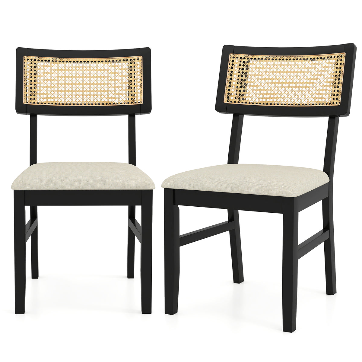 Rattan Dining Chairs Set of 2 Fabric Upholstered Kitchen Chairs with Padded Seat and Rubber Wood Legs-Black