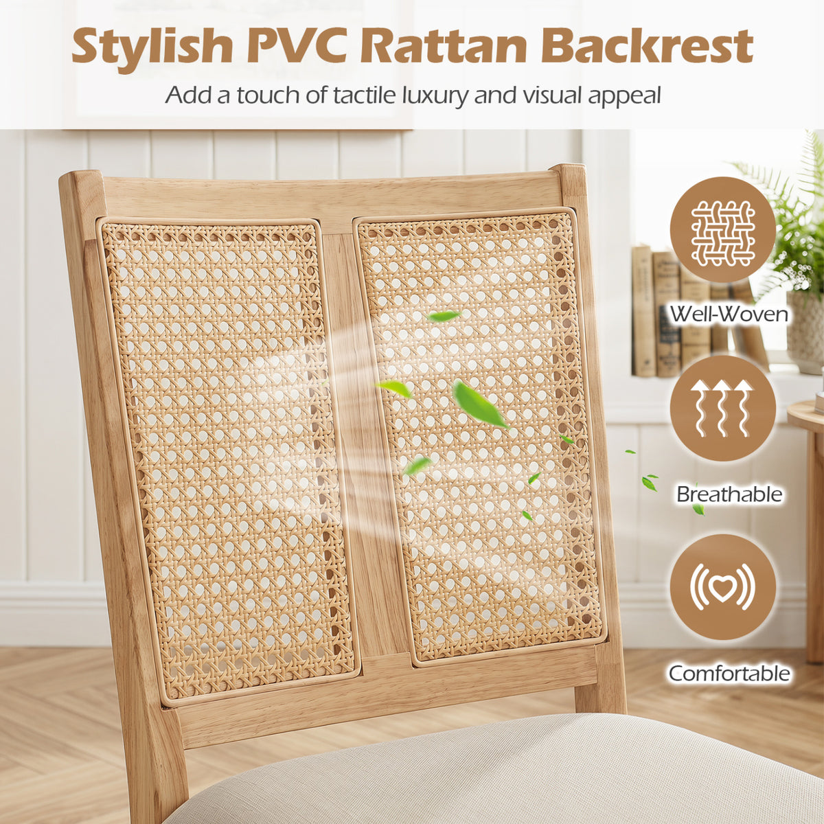 Rattan Dining Chairs Set of 2 with Curved Backrest & Padded Seat for Dining Room