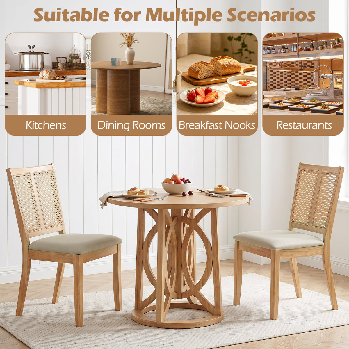 Rattan Dining Chairs Set of 2 with Curved Backrest & Padded Seat for Dining Room