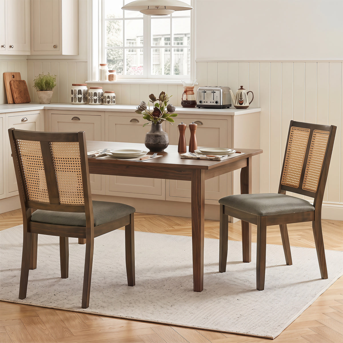 Rattan Dining Chairs Set of 2 with Curved Backrest & Padded Seat for Dining Room