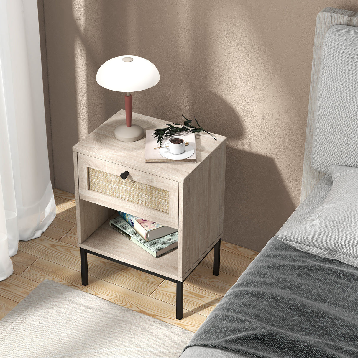 Rattan Nightstand Boho End Table with Rattan Drawer & Open Shelf