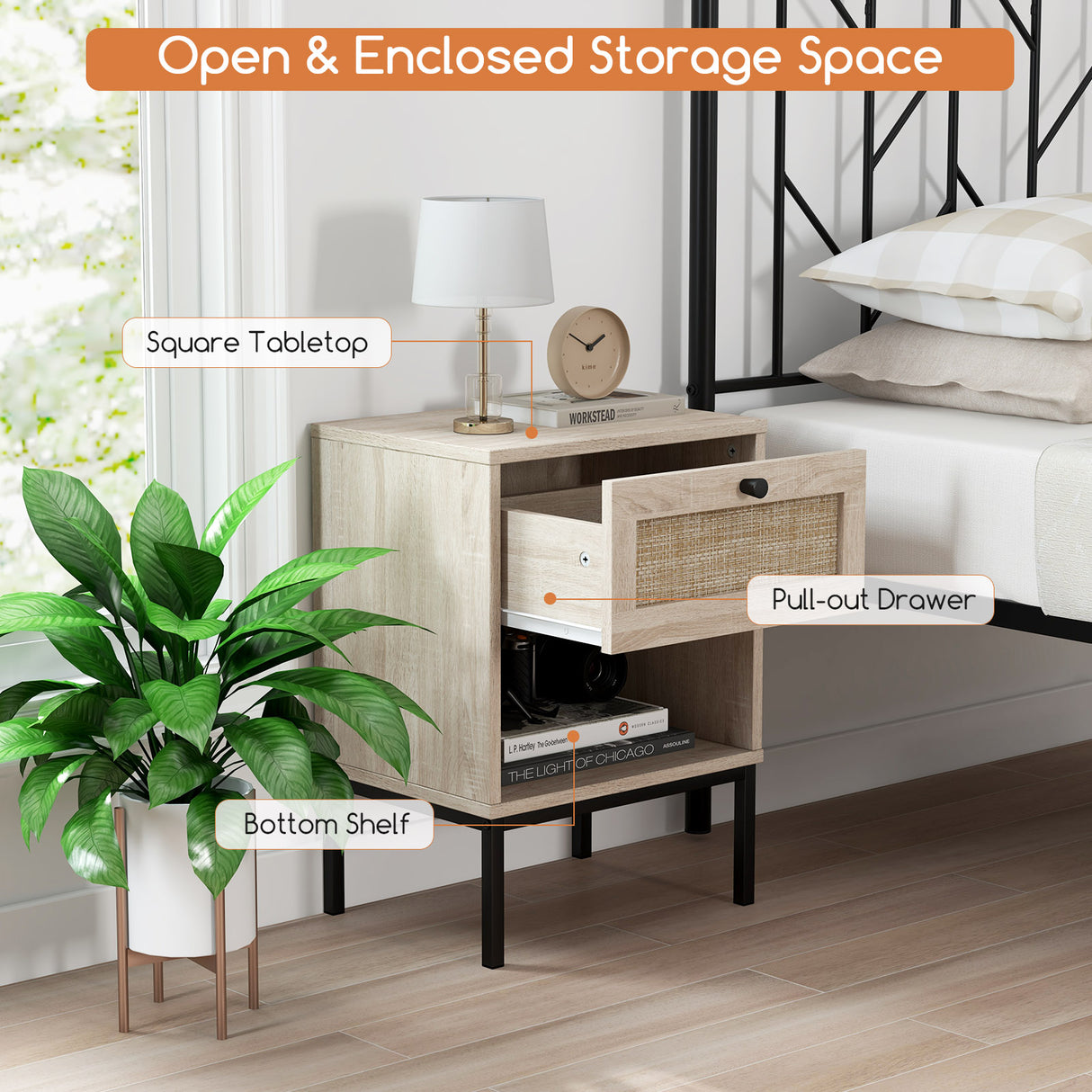 Rattan Nightstand Boho End Table with Rattan Drawer & Open Shelf