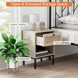 Rattan Nightstand Boho End Table with Rattan Drawer & Open Shelf