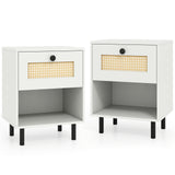 Rattan Nightstand Boho End Table with Rattan Drawer and Open Shelf Set of 2